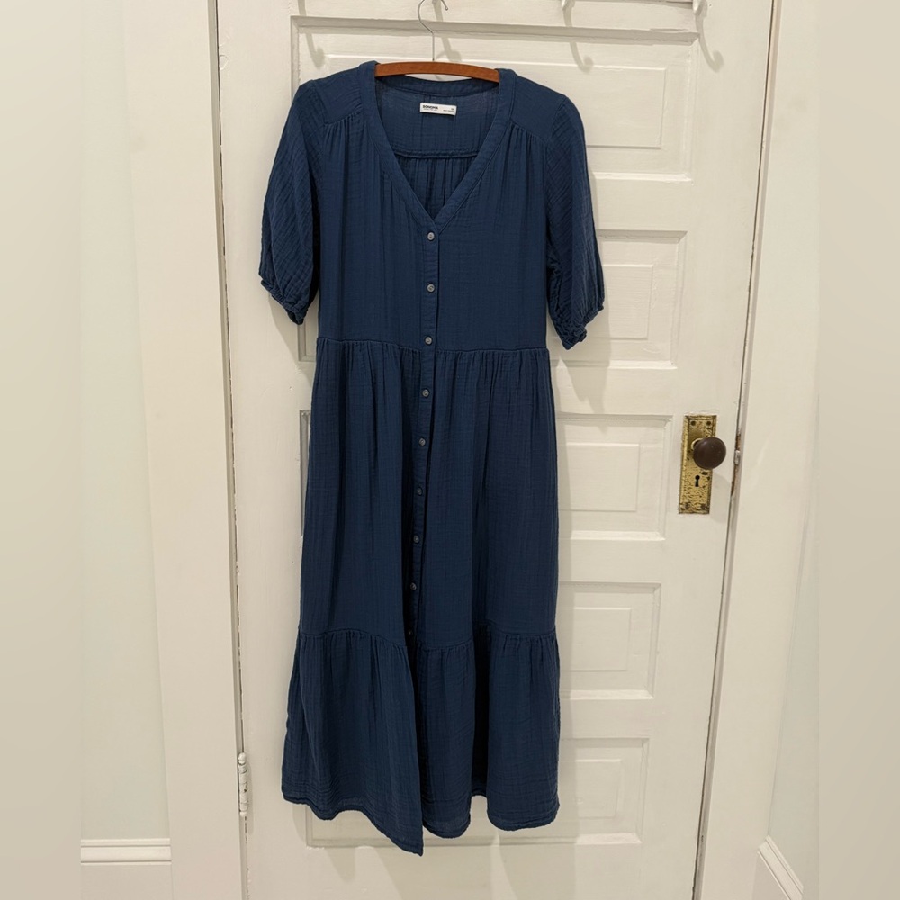 Sonoma Blue Puff Sleeve V-Neck Midi Dress